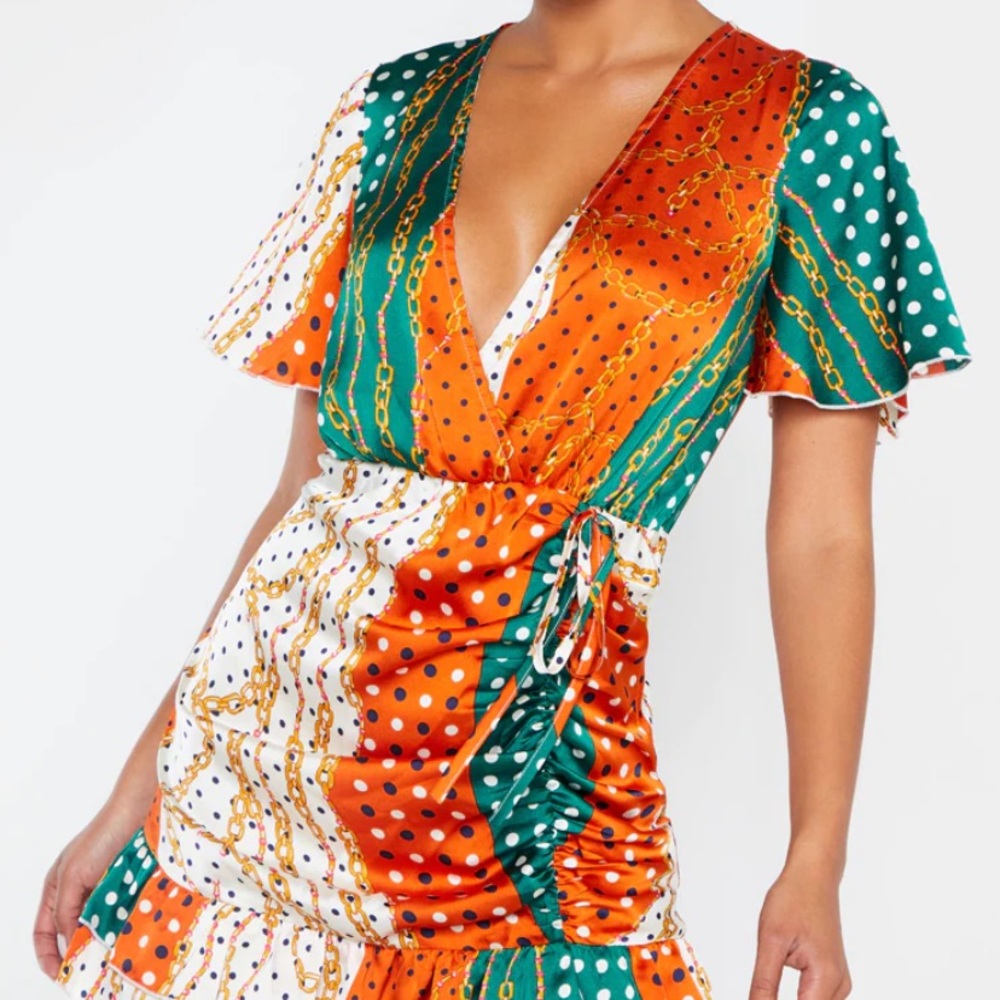 Orange Satin Chain Print Ruched Frill Tea Dress